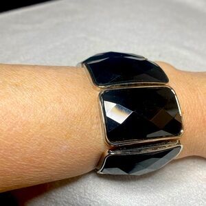 Vtg Chunky Stretch Bracelet Faux Faceted Black Onyx.
